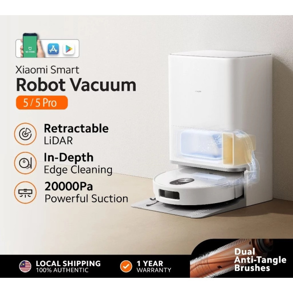 [NEW] Xiaomi Robot Vacuum 5/5 Pro | Anti-Tangle Hair-Cutting Brushes | Self-Cleaning Base Station